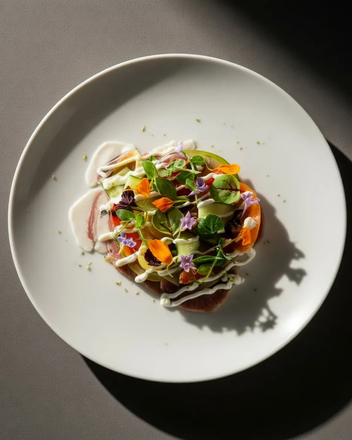 Sablé parmesan, lard de Colonnata · légumes de saison
